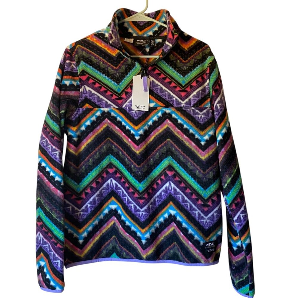 WeSC  Women M Mitch Zigzag Unisex 1/4 Zip Polar Fleece Pullover Multicolor
